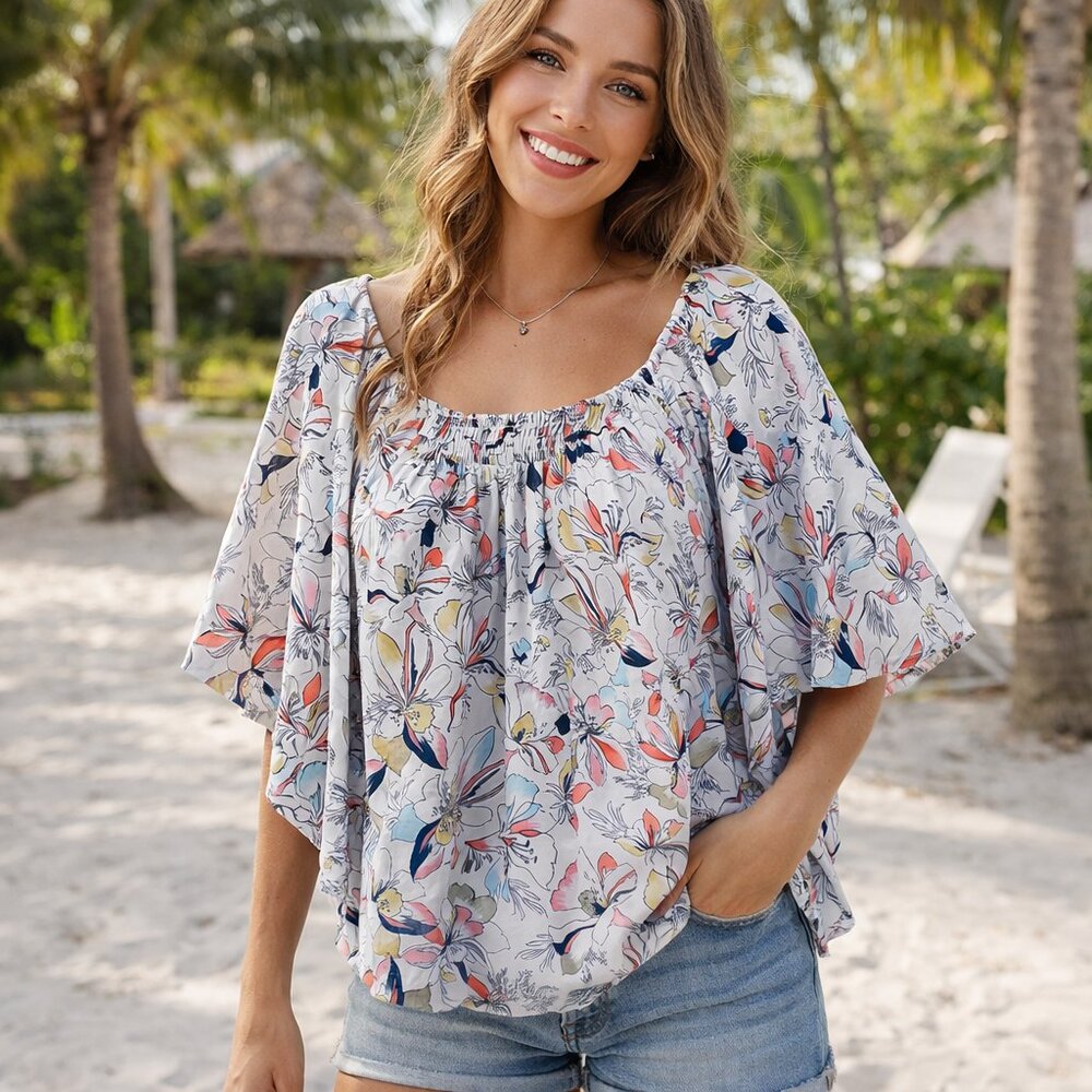 NWT Lane Bryant Womens Multi Floral Mesh Smocked Neck Circle Drama Top Sz 18/20